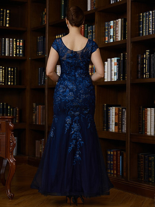 Wholesale Sheath/Column Tulle Applique V-neck Short Sleeves Floor-Length Mother of the Bride Dresses